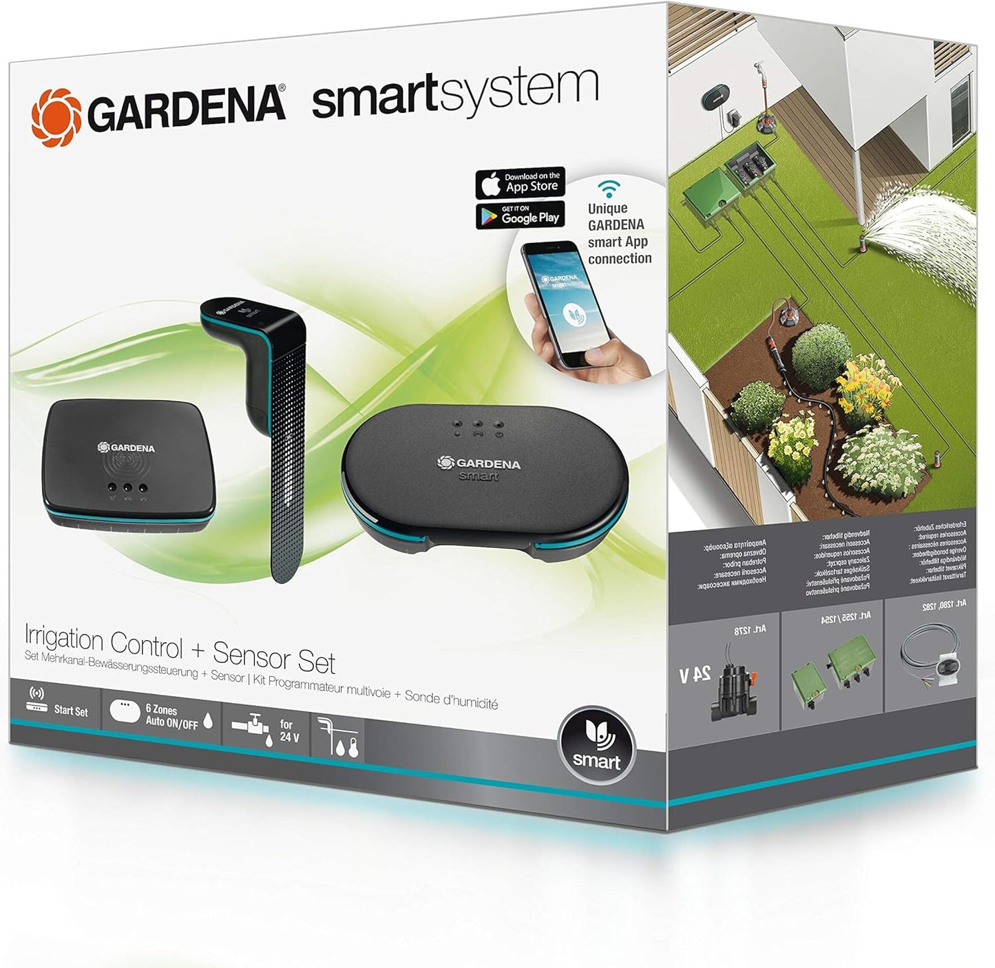 Gardena smart Irrigation Control Sensor Set: Bewässerungssteuerung für bis zu 6 Ventile (24 V), inkl. smart Sensor/smart Gateway, mit smart App steuerbar (19209-20)